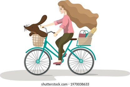 Young woman is riding on bicycles with a dog on the natural landscape background. Vector illustration.