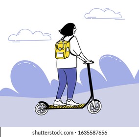 Young woman riding on electric scooter. Micromobility illustration. Teen with yellow backpack moving forward, oudoors activity