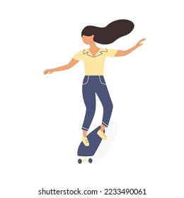 Young woman riding on skate board vector flat cartoon illustration. Girl skateboarding and doing tricks. Active lifestyle, extreme sport concept