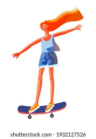 Young woman riding on skateboard. Happy girl skating on board with speed, isolated on white background. Recreation at skatepark playground vector illustration. Modern youth leisure.