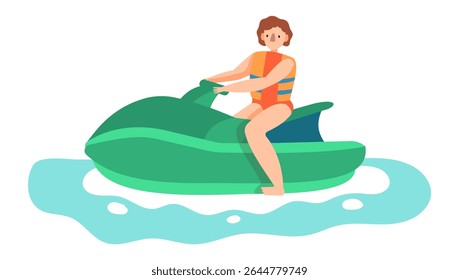 Young woman riding a personal watercraft, enjoying her summer vacation, engaging in recreational activities on the sea, promoting active lifestyle and tourism
