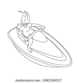 Young woman riding PWC. Black outline illustration.