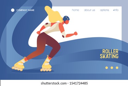 Young woman riding roller skates. Landing page template or banner drawn with bright colors and blue wave. Vector concept illustration.