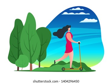 Young woman riding a scooter in a city park. Great day for a kick scooter ride. Modern vector illustration