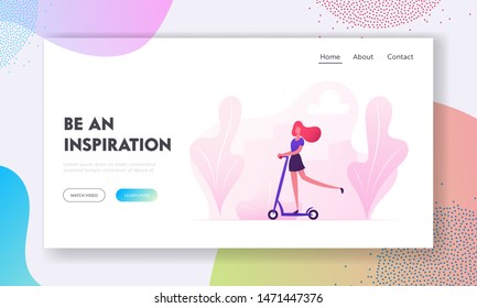 Young Woman Riding Scooter in City Park Website Landing Page. Active Girl Enjoy Open Air Ride and Healthy Lifestyle Using Eco Transportation for Moving Web Page Banner Cartoon Flat Vector Illustration
