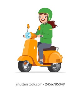 young woman riding scooter and feel happy