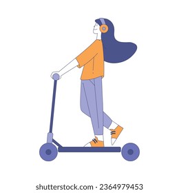 Young Woman Riding Scooter in Headphones Kicking the Ground Vector Illustration