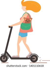 Young woman riding a scooter with her pocket dog in her handbag in the flat style