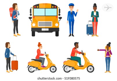 Young woman riding a scooter. Young man driving a scooter. Hitchhiking woman trying to stop a car. Woman with backpack hitchhiking. Set of vector flat design illustrations isolated on white background