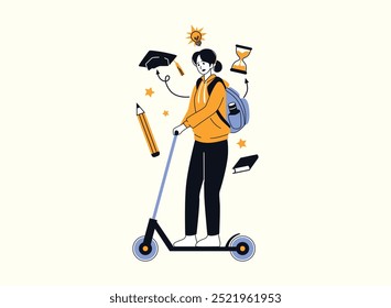 A young woman riding a scooter is overwhelmed by academic stress. Symbols like a graduation cap, hourglass, and book surround her, representing deadlines and workload. 