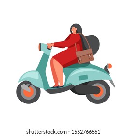 Young woman riding scooter with postbag over his shoulder, vector flat illustration isolated on white background. Postal services, correspondence delivery concept for web banner, website page etc.