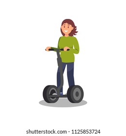 Young woman riding segway, healthy and active lifestyle, eco friendly alternative transportation vehicle vector Illustration on a white background