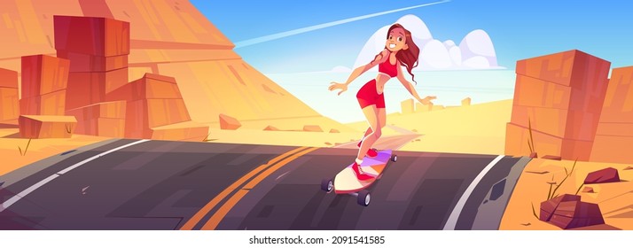 Young Woman Riding Skateboard Along The Road At Summer Rocky Landscape. Skater Girl Enjoying Longboard Recreation, Female Character Sports Activity, Summer Fun, Freedom, Cartoon Vector Illustration