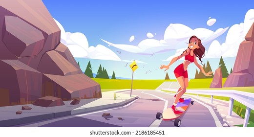 Young Woman Riding Skateboard Along The Mountain Road At Summer Landscape. Skater Girl Enjoy Longboard Recreation, Female Character Sports Activity, Summertime Fun, Freedom Cartoon Vector Illustration