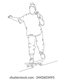 Young woman riding skateboard. Continuous line drawing. Black and white vector illustration in line art style.
