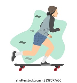 Young woman riding a skateboard. Flat cartoon vector illustration