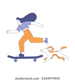 Young Woman Riding Skateboard Kicking the Ground with Dog Running Nearby Vector Illustration