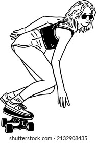 Young woman riding skateboard outdoor activity Hand drawn line art illustration 