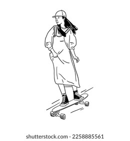 Young woman riding skateboard outdoor Sport Hand drawn line art illustration