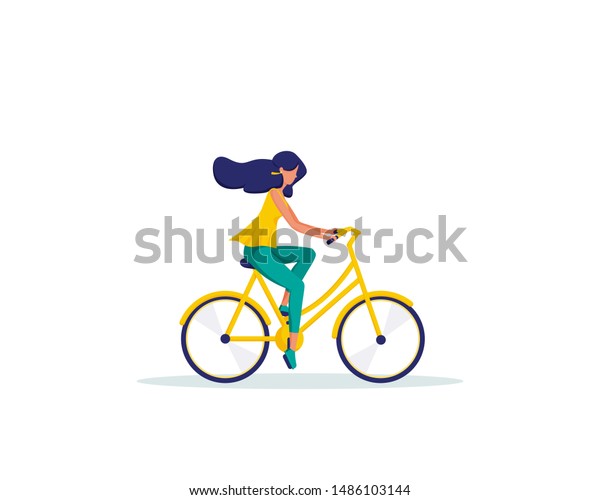 Download Young Woman Riding Yellow Bicycle Cartoon Stock Vector Royalty Free 1486103144 PSD Mockup Templates