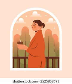 Mujer joven en túnica con taza de bebida caliente en las manos se encuentra balcón con vista al bosque. Paisaje de otoño. Relajación en la naturaleza. Concepto de vacaciones. Ilustración ingenua con la persona femenina linda. Ocio.