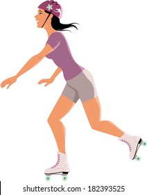 Young woman roller skating, isolated on white, vector cartoon