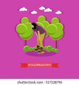 Young woman rollerblading in the park. Rollerblade skater stopped to rest. Extreme sport, active lifestyle. Flat design vector illustration