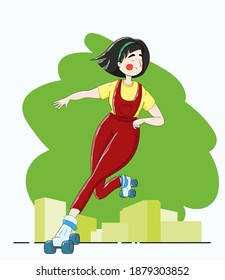 Young woman in the roller-skates. Sports concept.Vector illustration of a roller derby