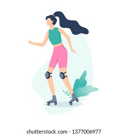 Young woman rollerskating. Outdoor summer activity and healthy lifestyle. Active female roller. Isolated vector cartoon illustration