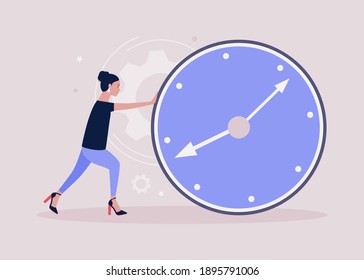 Young woman is rolling a big clock. Deadline, time management concept. Colorful flat vector illustration