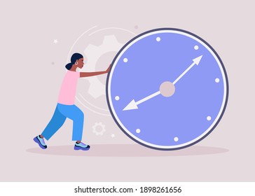 Young woman rolling a big clock. Deadline, time management concept. Colorful flat vector illustration