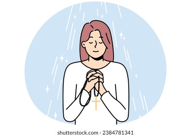 Young woman with rosary in hands praying. Religious superstitious girl with beads talk to God ask about good fate. Religion and faith. Vector illustration.