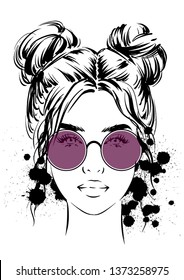 Young woman in round sunglasses vector