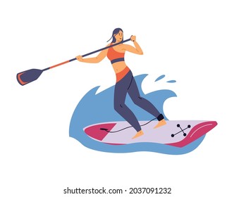 Joven remando en tablero de remo ancho, ilustración vectorial plana aislada en fondo blanco. Personaje de dibujos animados deportivos para deportistas de Paddleboarding o SUP.