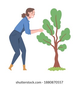 Young Woman in Rubber Garden Boots Caring of Tree Sapling Vector Illustration
