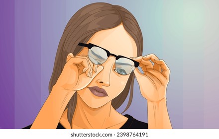 A young woman is rubbing her eyes. Healthcare illustration. Vector illustration.