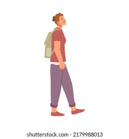 Junge Frau mit Rucksack, die in lockerem Tuch spaziert. Vektorflacher Cartoon-Charakter, stylisches junges Girl-Walking, positive Dame in trendiger Kleidung mit Rucksack, Seitenansicht