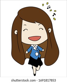 Young woman run with happier. Blue formal suit work clothes. Cartoon chibi character vertor.