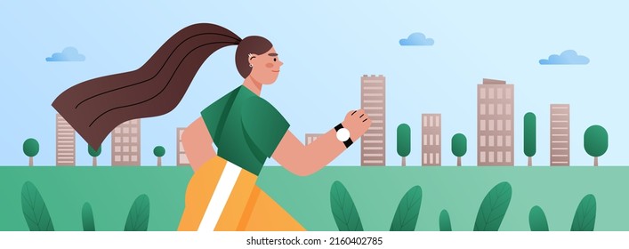 Young woman run in town park. Training poster. Vector banner with flat illustration with runner girl. Concept of healthy lifestyle, fitness outdoor and jogging