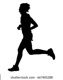 young woman runner running marathon in black silhouette