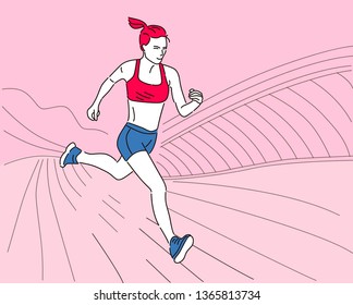 young woman runner running on city bridge road, vector illustration