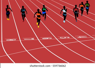 young woman runner running sprint in stadium vector illustration