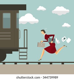 Young woman running after the train. Business success concept conquering adversity overcoming leadership challenge aspiration ambition motivation hurry up, vector illustration modern style.