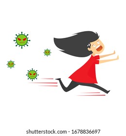 Young woman running away from corona virus. Cartoon character of young woman with scared face expression. Flat vector design. corona virus. covid-19.