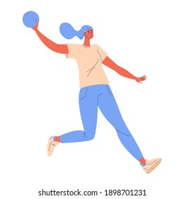 Young woman running with ball during dodgeball game isolated on white. Vector character happy and active