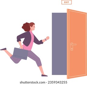 Young woman running with briefcase to exit door isolated on white background