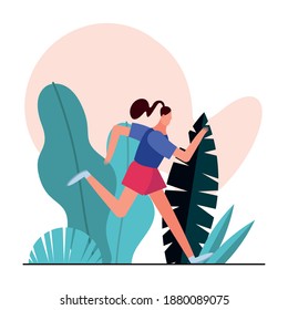 young woman running in the camp character vector illustration design