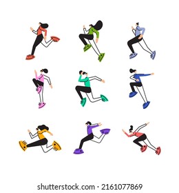 Young woman running and doing fitness exercises vector illustration on white background in flat style