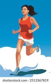 Young woman running. Woman doing sports, running in sportswear. Participation in sports races, sports competitions. Running on the street. Vector illustration flat style