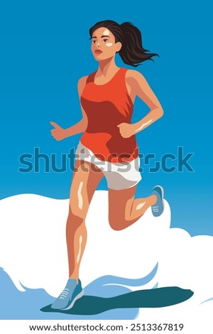 Young woman running. Woman doing sports, running in sportswear. Participation in sports races, sports competitions. Running on the street. Vector illustration flat style